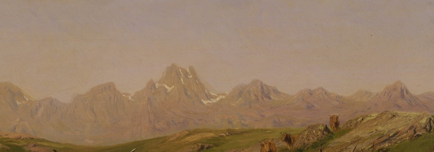 The alpine setting , plausibly the Pyrenees near Bonheur's estate at By , lends geographic specificity and atmospheric depth to the pastoral scene