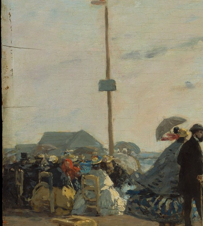 The dense social group anchors the leisure-class theme , parasols, dark dress coats, and bonnets signal bourgeois Trouville society converging on the beach