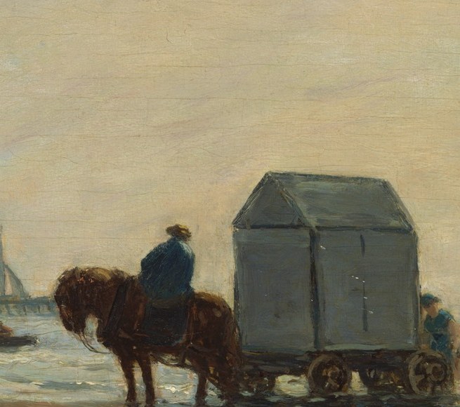 The working horse contrasts with the leisure of the bathers, grounding the scene in practical mechanics of the period