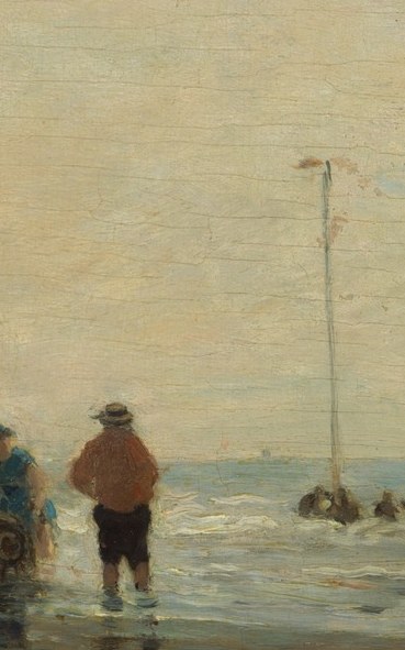 Isolated against open sky, this figure creates compositional balance and a sense of contemplative distance from the crowd