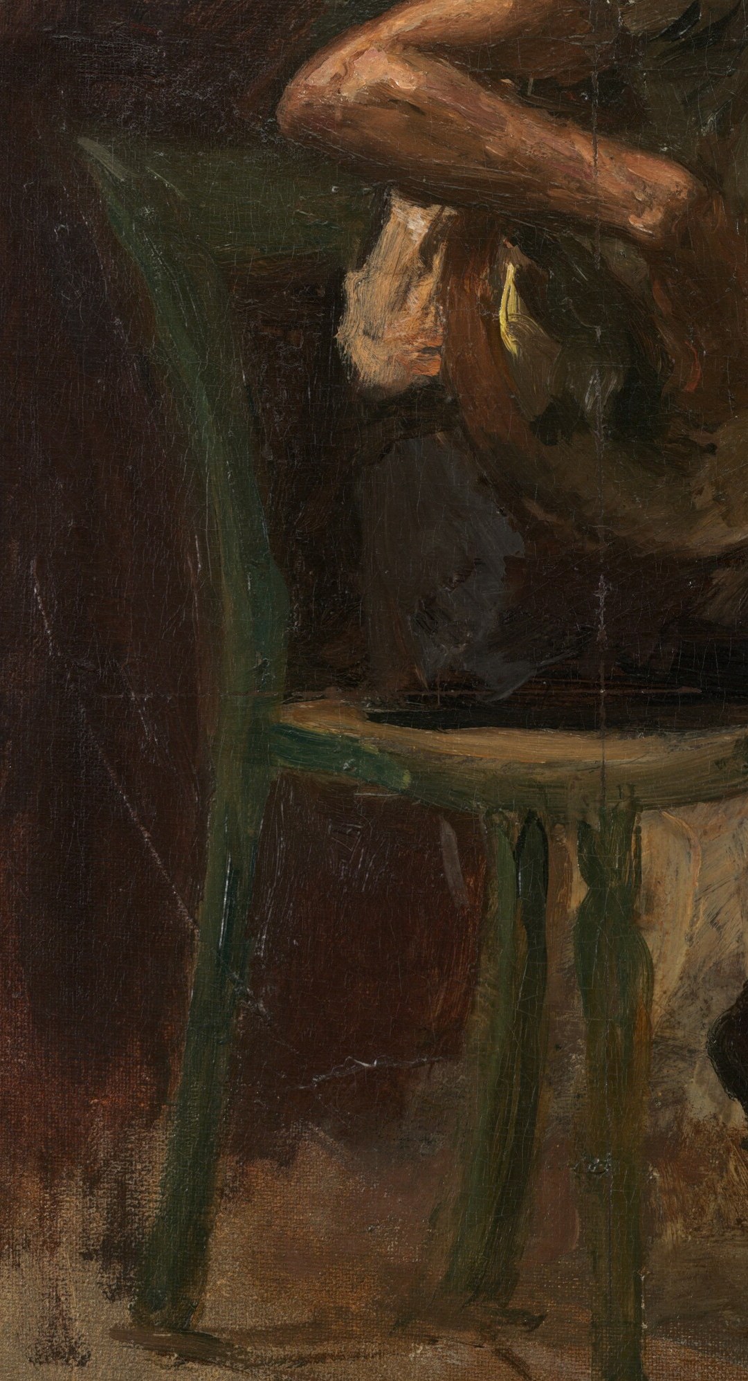 The chair's form anchors the figure and provides a strong vertical element, its color adding a subtle contrast.