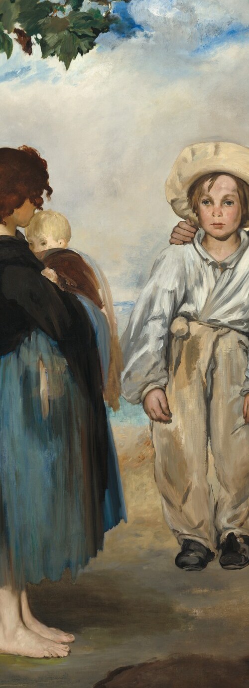 His white clothes pull the eye leftward; the blank detached gaze is classic Manet , figures occupy the same space but make no emotional contact, embodying urban alienation