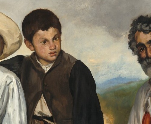 Manet paints his expression as worn resignation rather than performance , the hat brim shadows his eyes, making eye contact with the viewer uncertain and psychologically charged