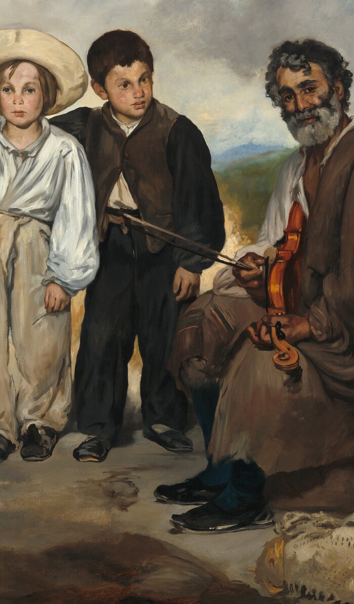 Compositional and emotional anchor of the entire painting; his resigned stillness and direct but ambiguous forward gaze give the work its haunting gravity , dignity in destitution