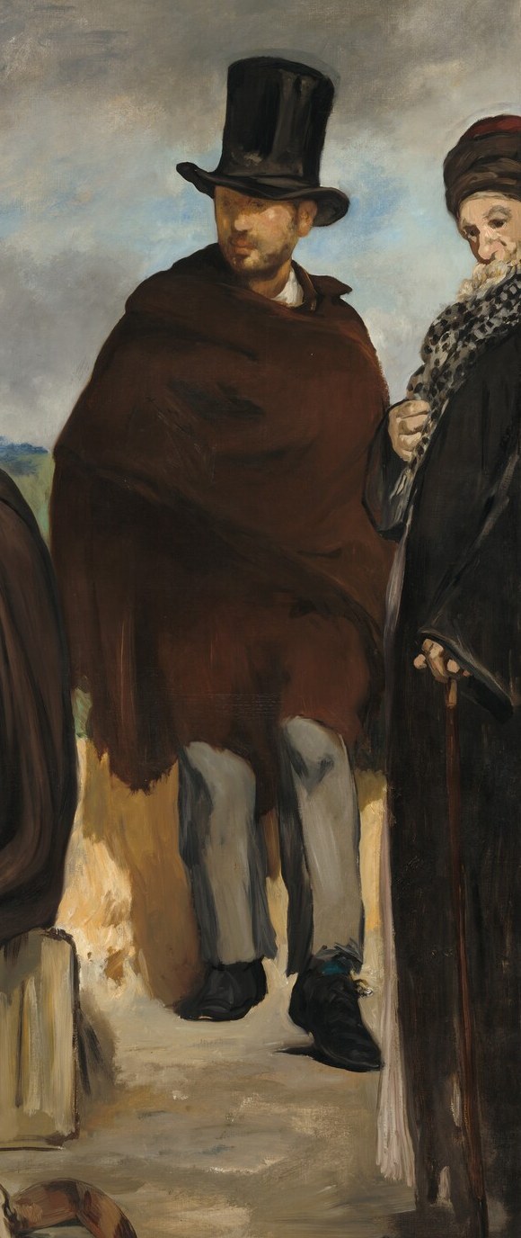 His formal bourgeois attire is a sharp visual and social contrast to the surrounding poverty; possibly a reference to Manet's earlier Absinthe Drinker or the Harlequin archetype , an interloper from another world