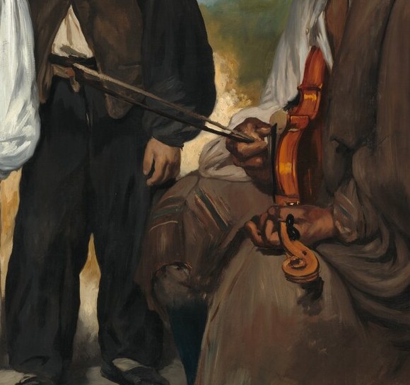 Not being played , held as emblem of identity rather than active music; the instrument becomes a symbol of livelihood at rest, or perhaps exhausted