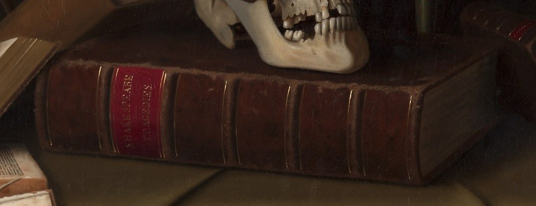 The title 'CHAMBERS' ENCYCLOPAEDIA' grounds the scene in intellectual pursuit, a common theme in memento mori.