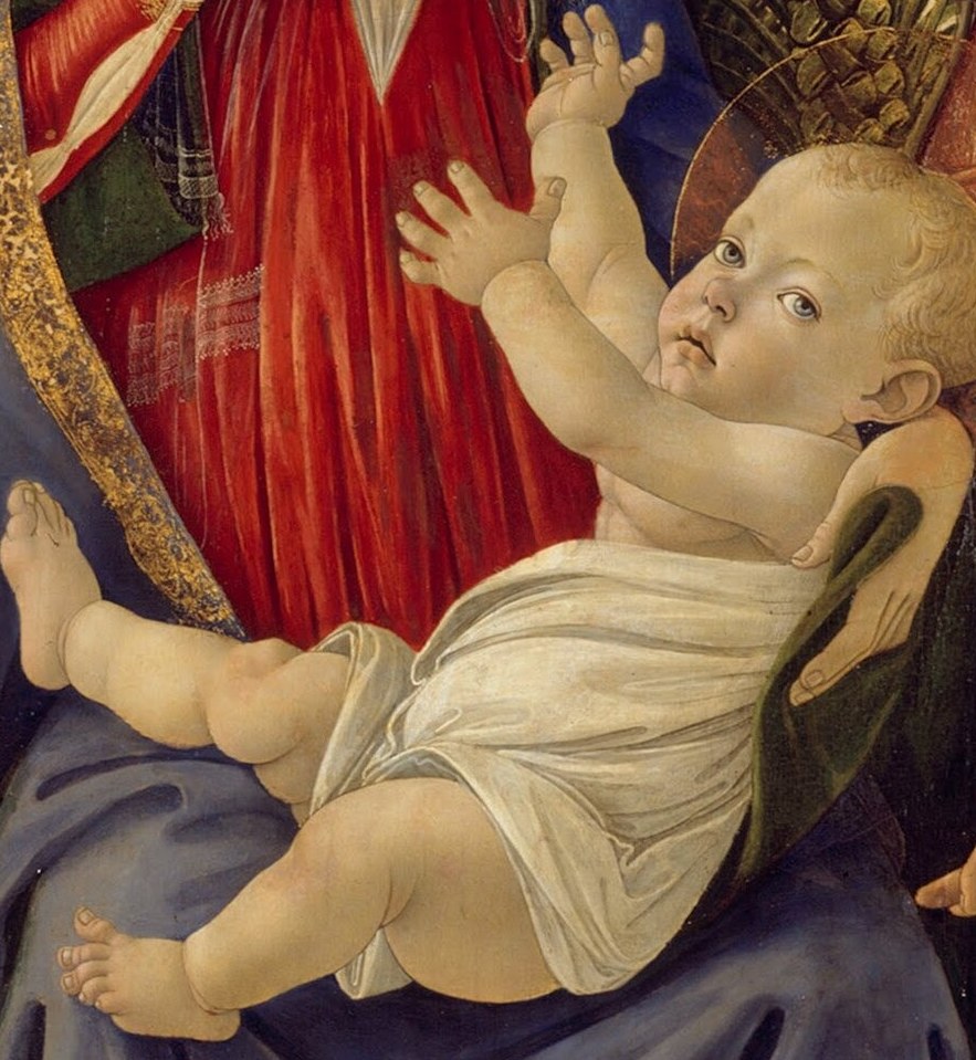 His active gesture and wide eyes suggest a lively, human infant, creating a dynamic contrast with the Madonna's stillness.