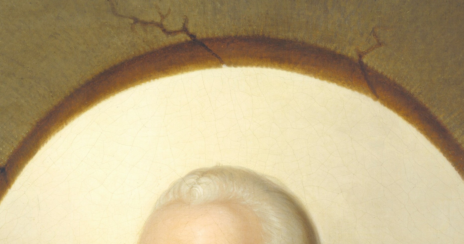 The queue-style powdered hair was fashionable in the 1790s but already archaic by 1850 , Peale deliberately archaizes to anchor the portrait in Washington's own era.