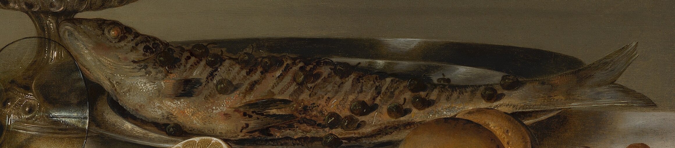 The prominent placement of the fish, likely a luxury item, signifies abundance and the bounty of the sea.