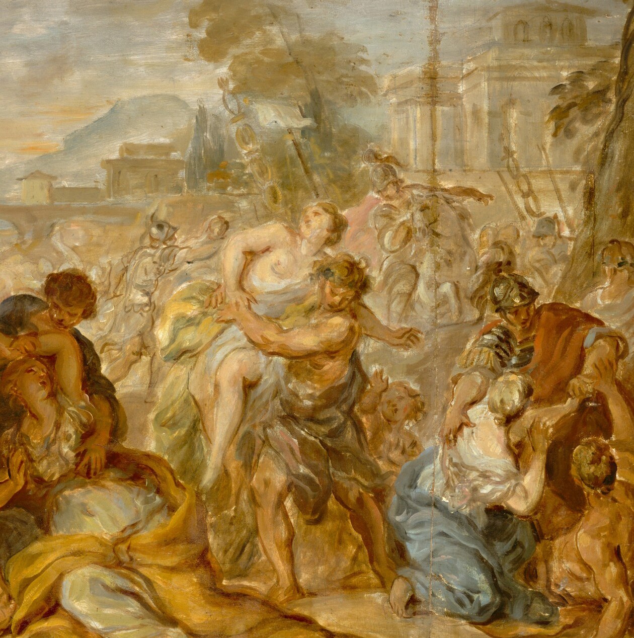 A secondary drama mirroring the left cluster, extending the scene to suggest the abduction is not one event but a coordinated mass action across the entire gathering.