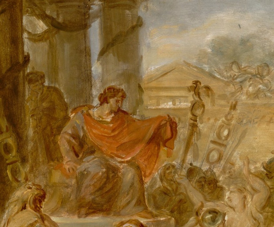 The commander's arm pushes right. The raised arms plead left.