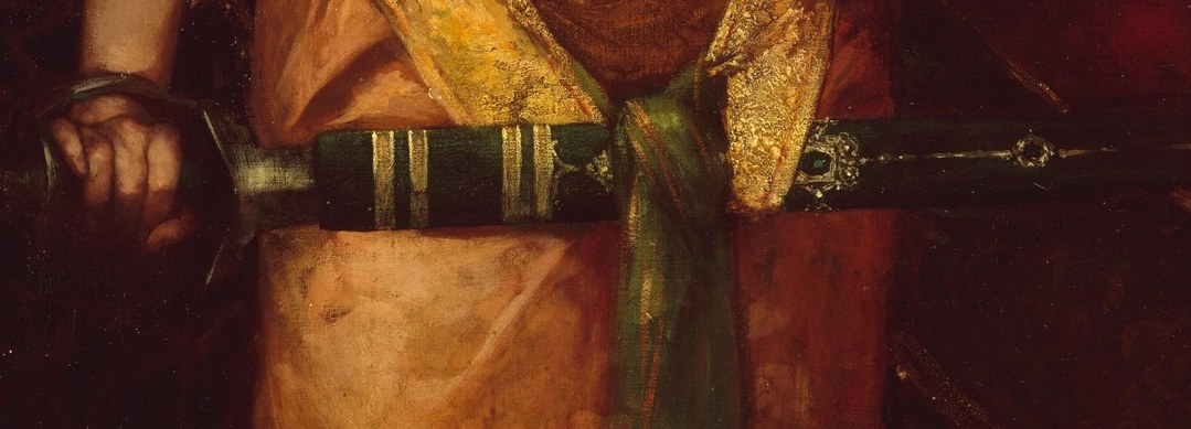Look at the prominent sword, a symbol of her decisive action.