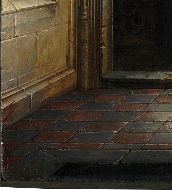The richest color passage in the painting , royal red symbolizing both power and the blood-risk Esther faces; its pooled volume at the base implies the scene's gravity