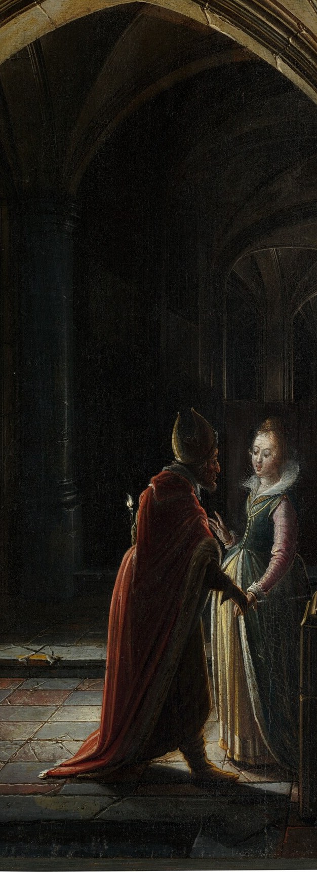 Her upright posture conveys both courage and vulnerability , she stands unprotected before royal power, having entered the throne room unbidden at risk of death