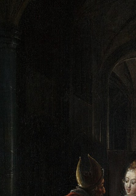 The single brightest passage in the painting; used as a compositional light anchor pulling the eye to Esther against the surrounding gloom , a deliberate chiaroscuro move