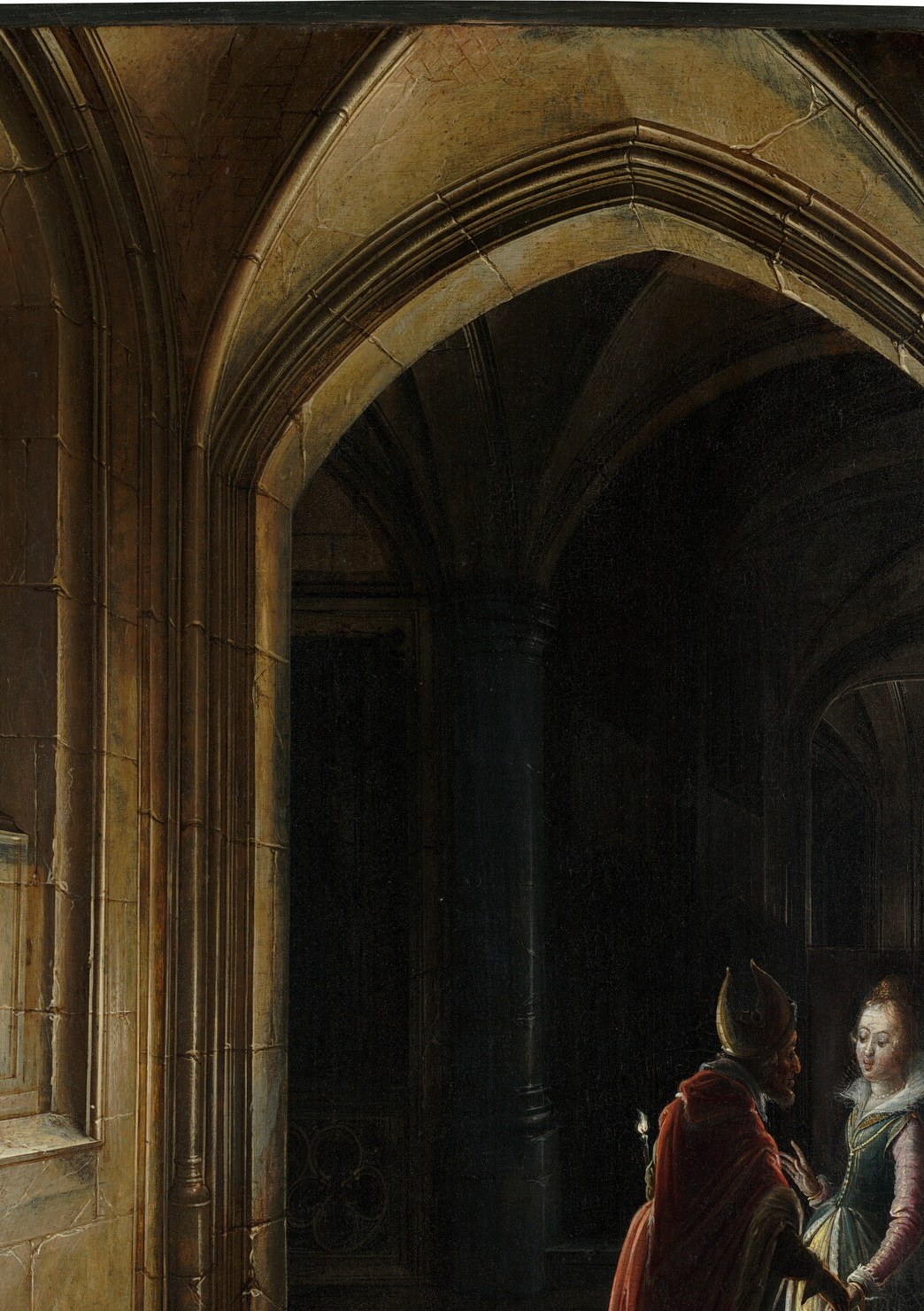 Dominant structural element and anachronistic choice , Gothic architecture applied to a Persian court scene to project sacred solemnity; Steenwijk's architectural specialty on full display
