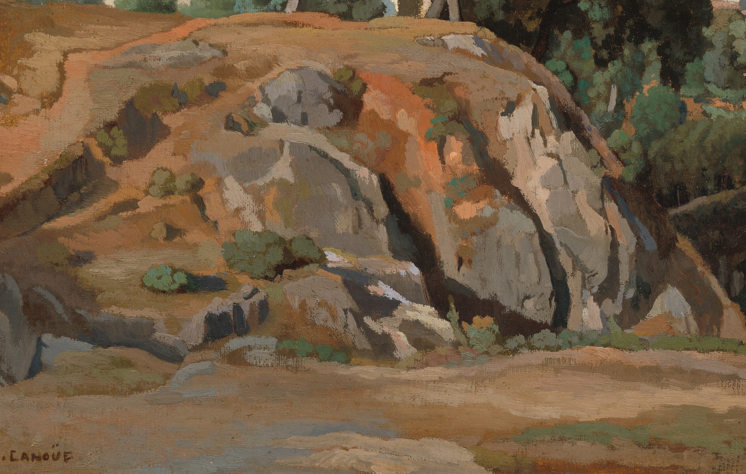 The warm ochre rocks take up nearly a quarter of the canvas and show careful faceting; this geological immediacy is characteristic of French painters working in the Roman Campagna tradition.