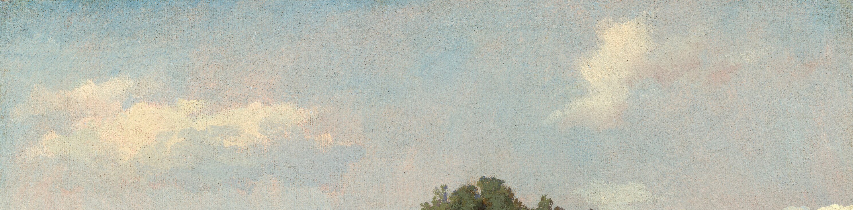 The warm luminous sky sets the quality of light that unifies the whole scene; broken cumulus clouds suggest a clear, mild day typical of Southern Italy and give the sky spatial depth.