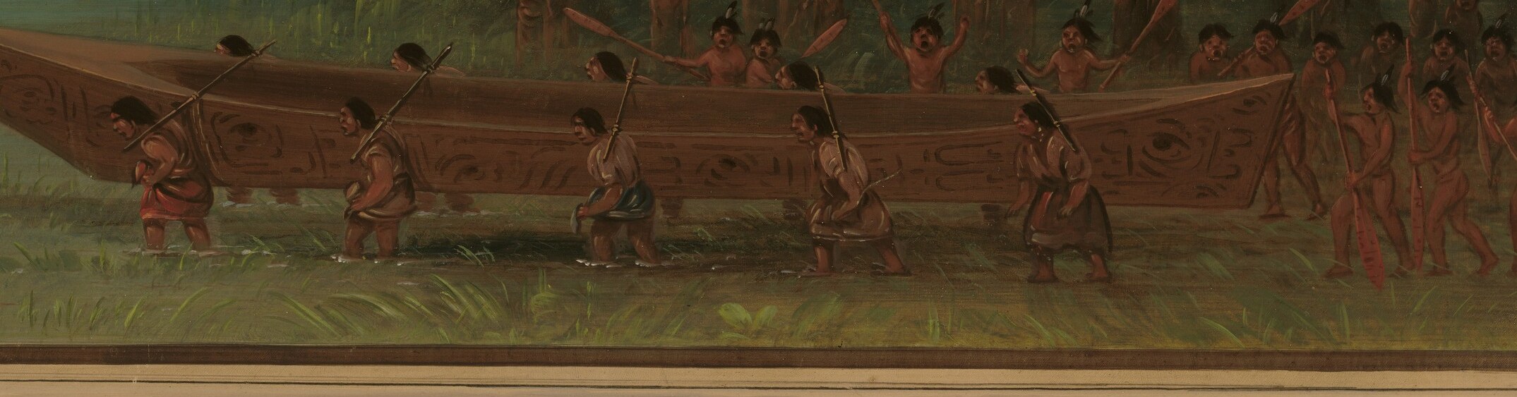 Shows collective effort and the physical exertion involved in the task.