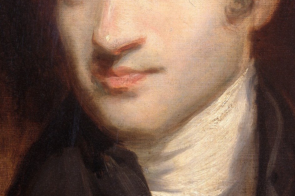 The meticulously rendered cravat signifies status and fashion of the era, contrasting with the darker attire.