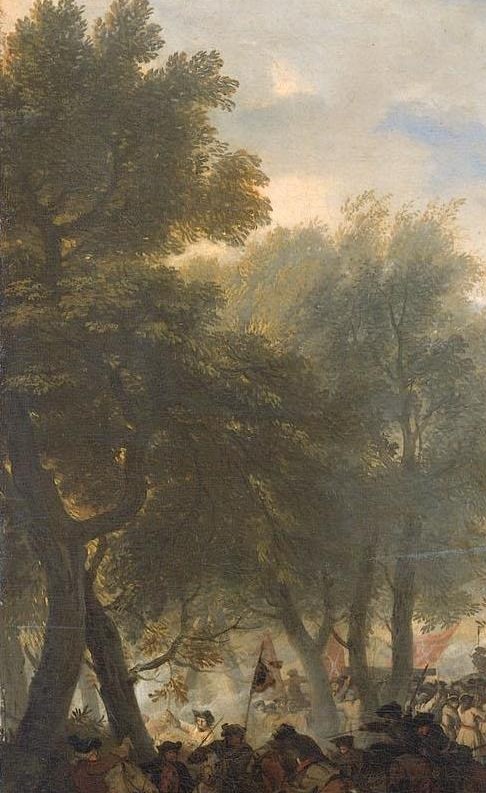 These trees frame the scene and provide a sense of depth and location.