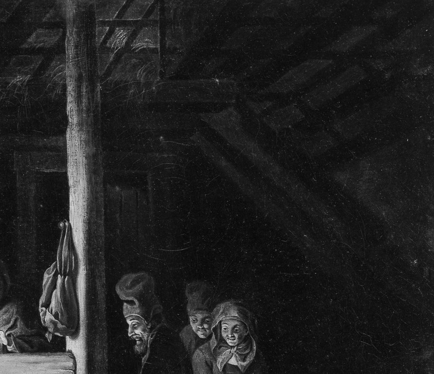 Late arrivals half-lit from the darkness give the scene narrative depth; their cascade of astonished faces mirrors the viewer's own discovery of the central light.