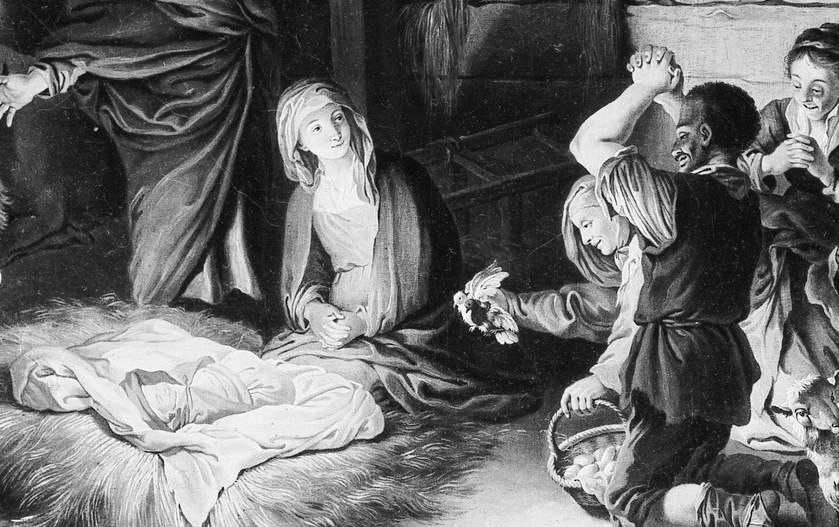 The supernatural light source of the entire composition , the glowing swaddled child is the Rembrandtesque coup that organizes every other figure's illumination and the painting's theology in a single gesture.