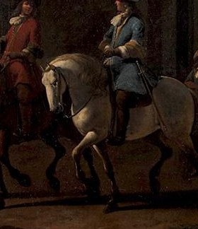 The contrast of his light horse and blue coat draws the eye, indicating another important participant.