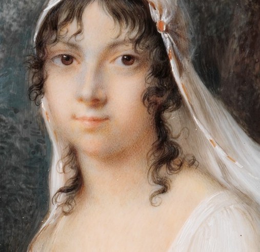 The artist's rendering of the curls and tendrils adds a sense of volume and texture to her appearance.