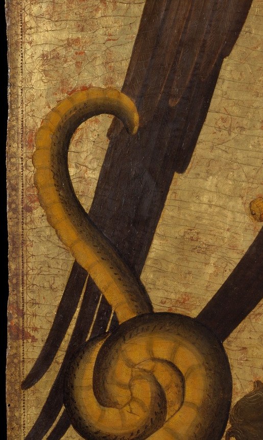 The tightly wound spiral tail is a virtuoso decorative passage in warm gold tones, almost decorative in its elegance despite belonging to a monster.
