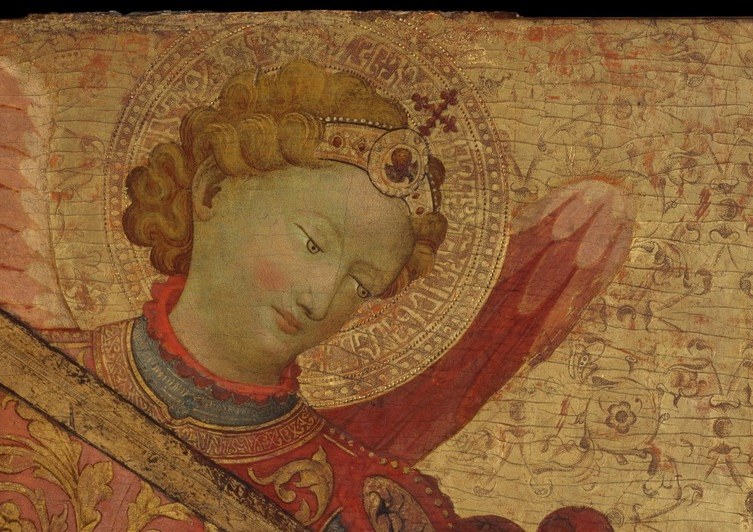 The diagonal blade bisects the upper composition, its motion toward the viewer creating immediate kinetic threat and framing the archangel's dominance.