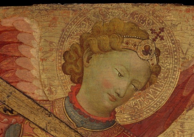 Serene, youthful expression with a jeweled crown beneath a gilded halo , the calm of divine certainty contrasted with the violence below.