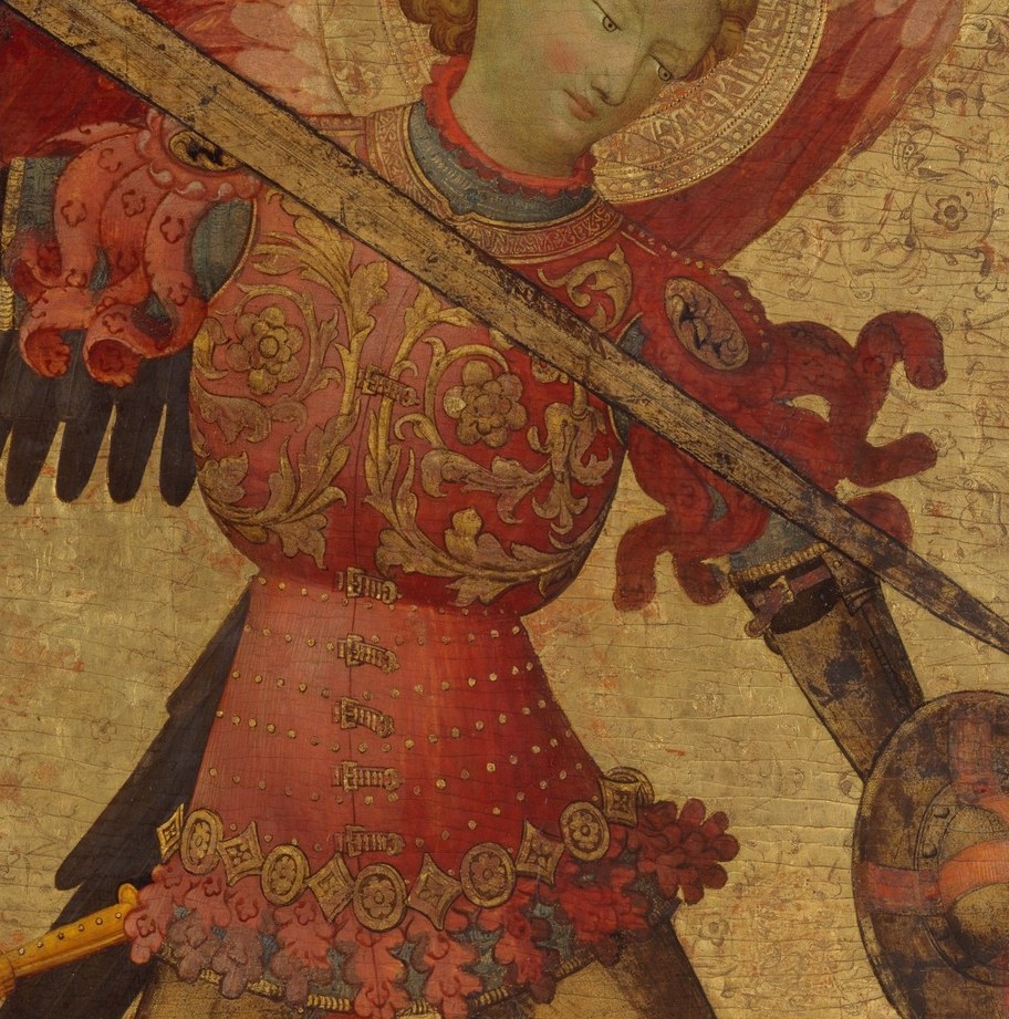 The gold embossed decorative patterns on the red fabric show extraordinary tempera craftsmanship; each floral motif is individually worked.