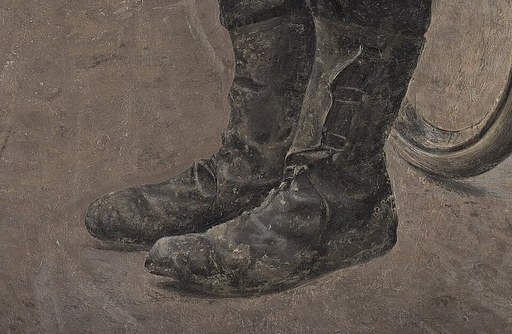 His muddy boots show time has passed.