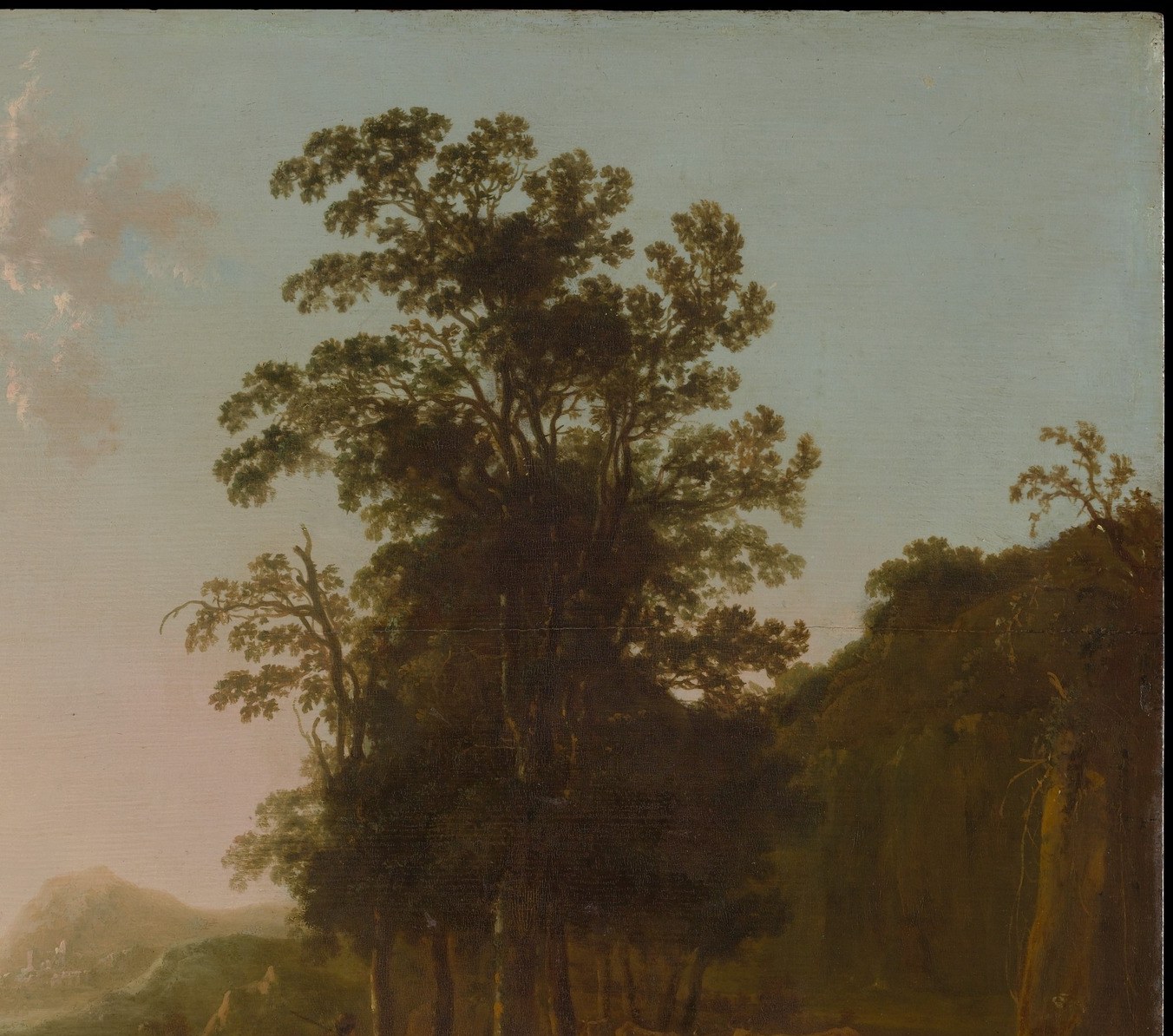 The compositional anchor of the entire painting , its darkness frames and pushes the eye toward the luminous left sky, a classic Cuyp tonal counterweight