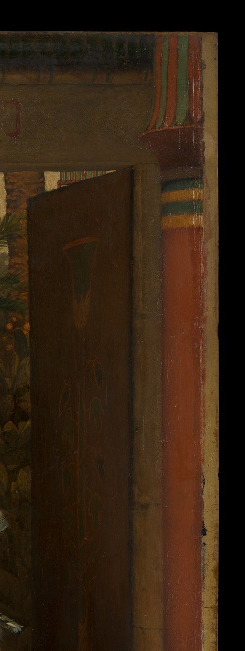The paired columns frame the figure symmetrically, placing him at the threshold , literalizing the doorway metaphor of the title