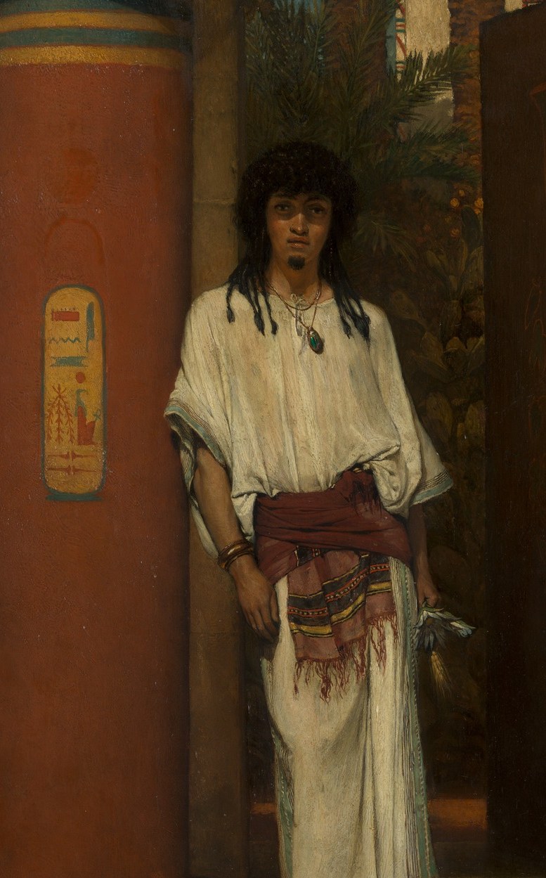 The crisp white fabric contrasts dramatically against the warm red column and dark doorway, demonstrating Alma-Tadema's skill at rendering cloth texture and archaeological authenticity
