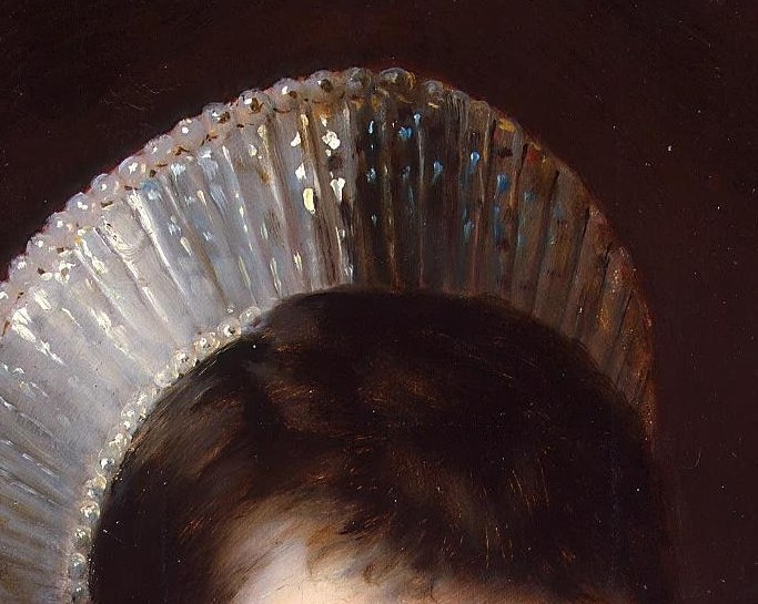 This elaborate, crown-like headdress, adorned with pearls and jewels, is a powerful symbol of her imperial rank.