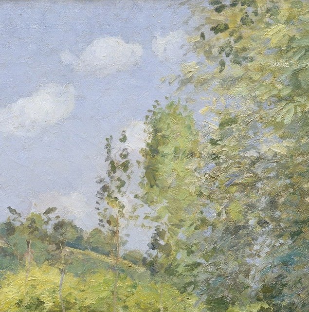 Vertical accents interrupt the horizontal hills; their dark silhouettes against the bright sky are a compositional device Pissarro used repeatedly in the Oise valley period