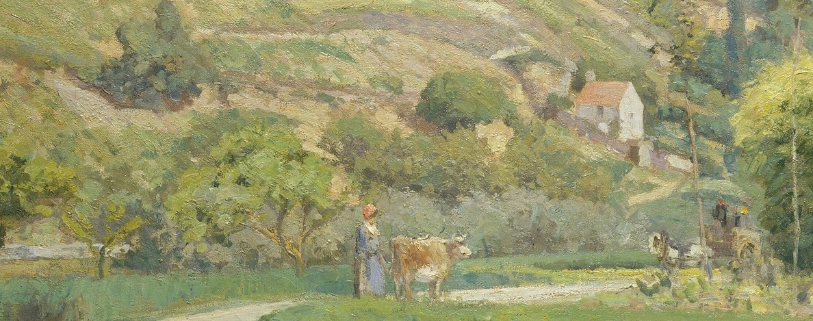 The intensely saturated green rectangle reads almost as a colour study; Pissarro saturates it well beyond local colour to assert the vitality of the pastoral scene