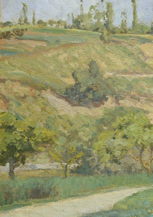 The left edge is a wall of varied greens with visible textural variety in the brushwork; close inspection reveals Pissarro working wet-into-wet to build foliage mass without outlining
