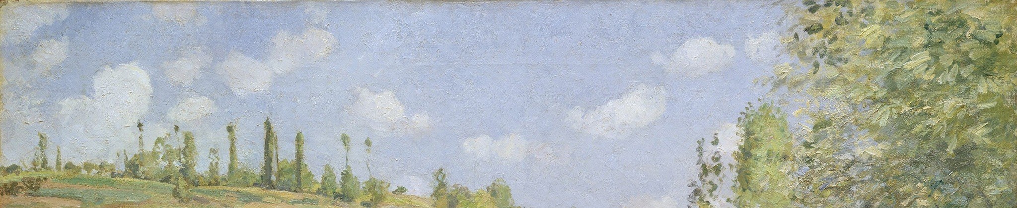 Pissarro's loosely broken brushwork in the sky anchors the luminous midday atmosphere; the cloud passages show his characteristic dabbed strokes distinct from Monet's