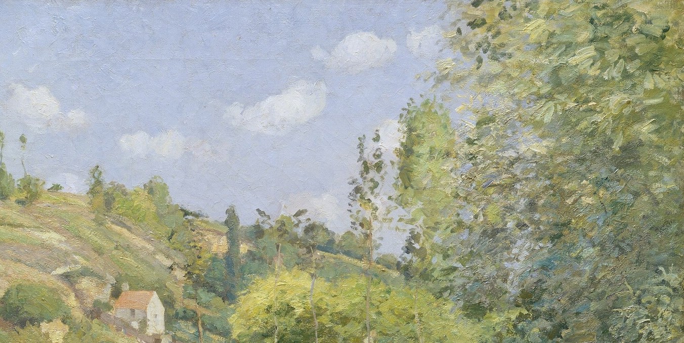 The entire right third of the canvas is given over to a warm lime-green slope bathed in direct sun, demonstrating how Pissarro pushed colour temperature contrast against the cooler foreground