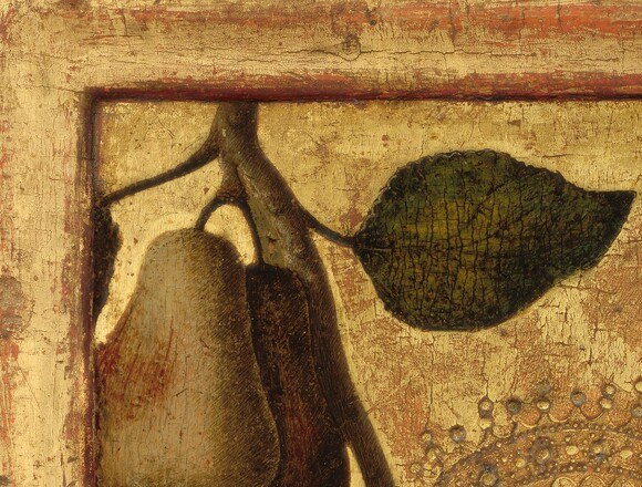 Crivelli's suspended fruit is his signature , pears symbolise the sweetness of the Virgin and the Incarnation; their three-dimensional illusionism is deliberately shocking against the flat gold ground.