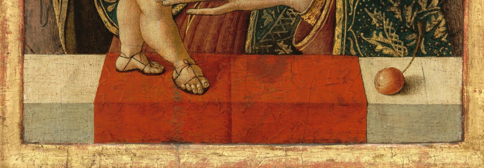 The ledge creates a spatial threshold between the viewer's world and the sacred space , a Flemish-influenced device Crivelli adopted to invite devotional intimacy.