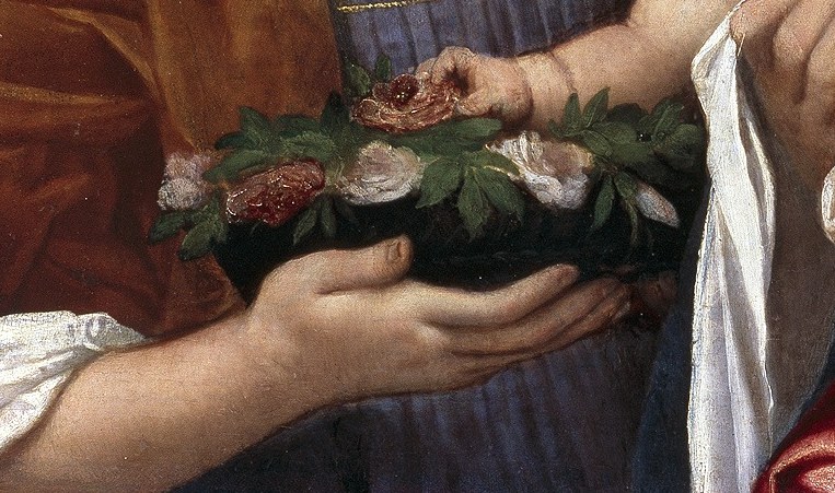 She offers the Christ Child a wreath of roses, her martyr's symbol.