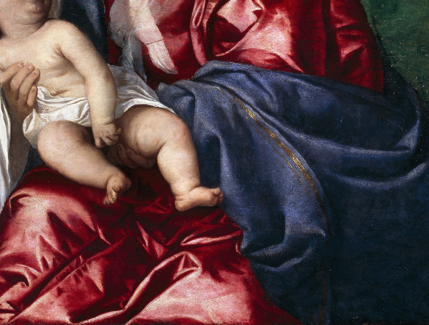 Liquid folds of crimson drapery announce Titian's Venetian colorito, the paint itself seeming to glow from within.