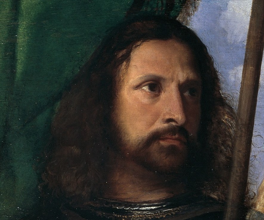 The soldier-saint's watchful, bearded gaze creates a protective sentinel at the picture's edge, his eyes alert to unseen danger.