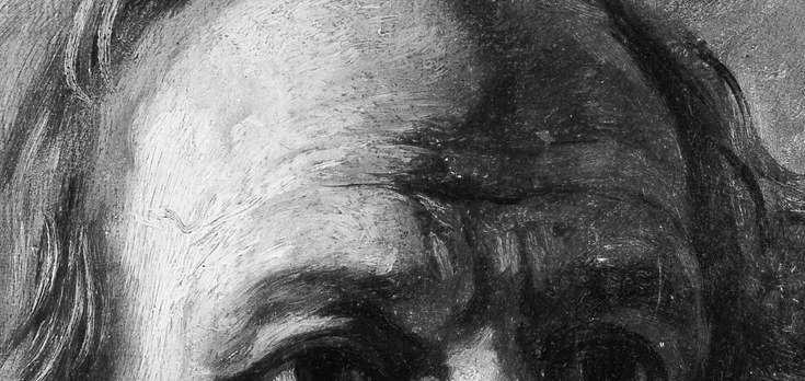 The furrowed brow and shadowed eyes hold a searching, inward gravity.